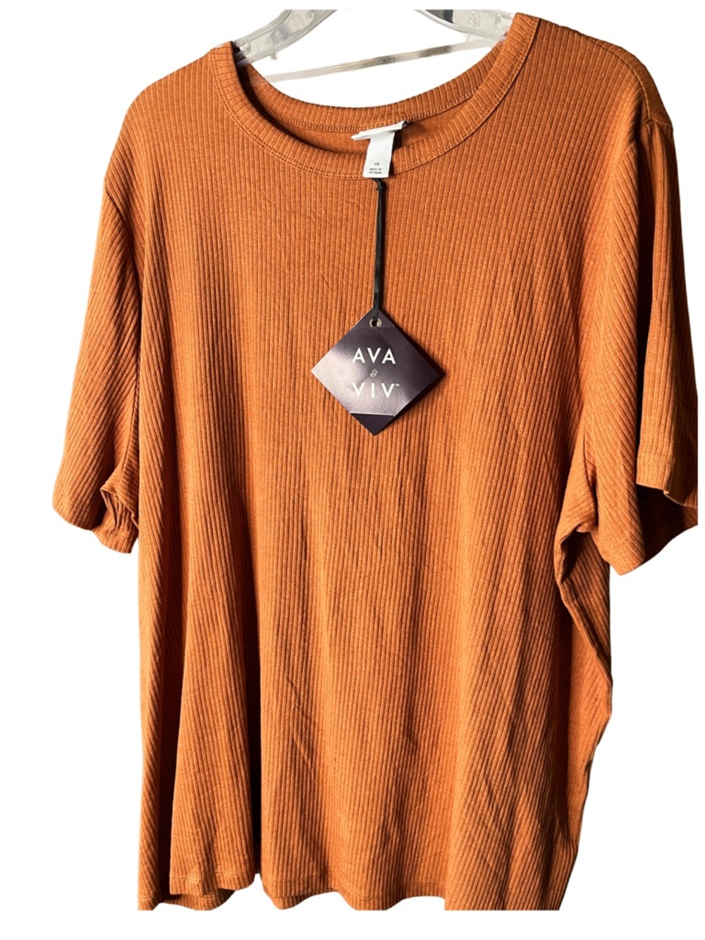 Ava & Viv 3X Ribbed Short Sleeve Crewneck Top- Terra Cotta NWT P2P:29 L:30